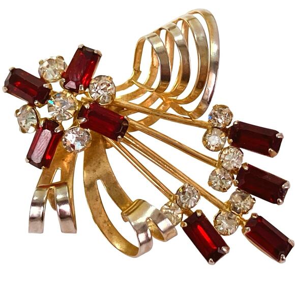 VTG 1940s Retro Moderne Gold Tone Ruby Red Rhinestone Ribbon Spray Brooch Iconic - Picture 1 of 10